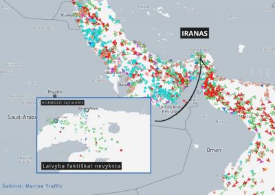 Marin Traffic duomenys kovo 1 d. pavakare rodė, kad laivyba Hormūzo sąsiauriu vis dar nevyksta.