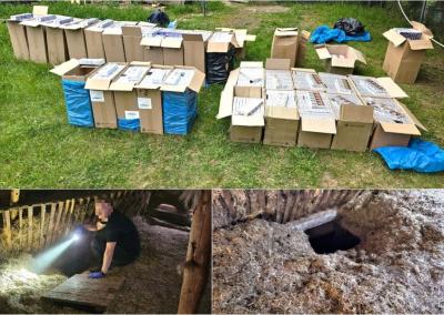 Lazdijų rajone pasieniečiai sulaikė sutuoktinius, kurie ūkiniuose pastatuose laikė beveik 76 tūkst. eurų vertės kontrabandinių cigarečių.